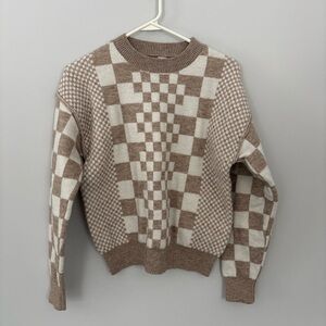 Women’s Crewneck Checker Knit Sweater - Beige & Cream